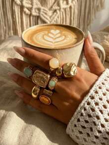 7pcs/Set Inlaid Acrylic Rings, Asymmetrical Hammered Texture Open Rings Set, Suitable For Party, Gift, Daily Wear - 黃金 - 查看 2