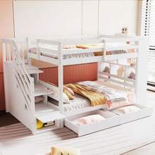 Bunk Bed 90*200 Cm, Safety Stairs With Storage Compartments, Storage Drawers And Large Lockers, High Railing Construction, Slatted Base, Pine Bed, Children's Bed, Youth Bed, White - White - View 3