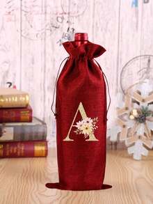 1 Personalized Linen Bottle Storage Drawstring Bag With Flower Gold Initials A-Z Printed On It, Bottle Cover, Coarse Linen Storage Bag, Linen Gift Bag, Wine Set, Beer Bottle Set, Bar Table Atmosphere Set. Equipped With A Drawstring To Prevent Dust, Reusable And Durable, Used For Storing Wine Bottles. - Multicolor - View 9