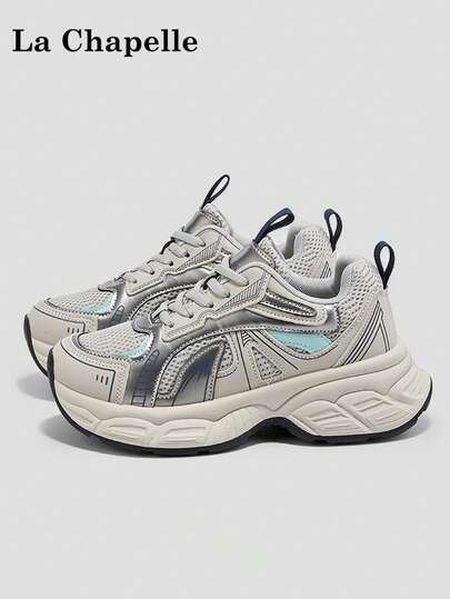 1 Pair La Chapelle Women's Thick Sole Lace-Up Soft Bottom Casual Shoes, Low-Top Outdoor Flat Shoes For Summer, Round Toe Low Heel Non-Slip Solid Color Elegant Soft Bottom Hiking Suitable For Students Graduation Photos Flat Shoes, Women Low-Top Leather Sneakers