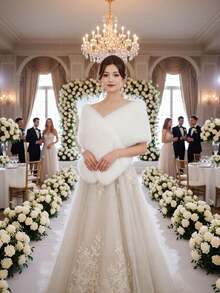 1件人造毛皮新娘披肩，带领，秋冬季婚纱斗篷，围巾 - 純白色 - 查看 10