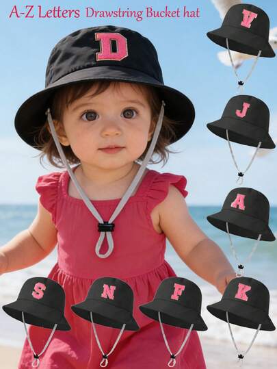 1 pieza Sombrero ajustable y transpirable para niños con 26 letras personalizadas, color rosa, sombrero de cubo para protección solar en la playa, adecuado para actividades al aire libre, uso diario y como regalo de cumpleaños para niñas pequeñas y bebés