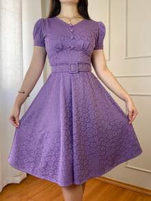 Women's Midi Dress, Flared, Elegant Knit Fabric, Buttons Down The Front, With Belt, Suitable For Formal And Evening Wear. - 紫丁香色 - 查看 6