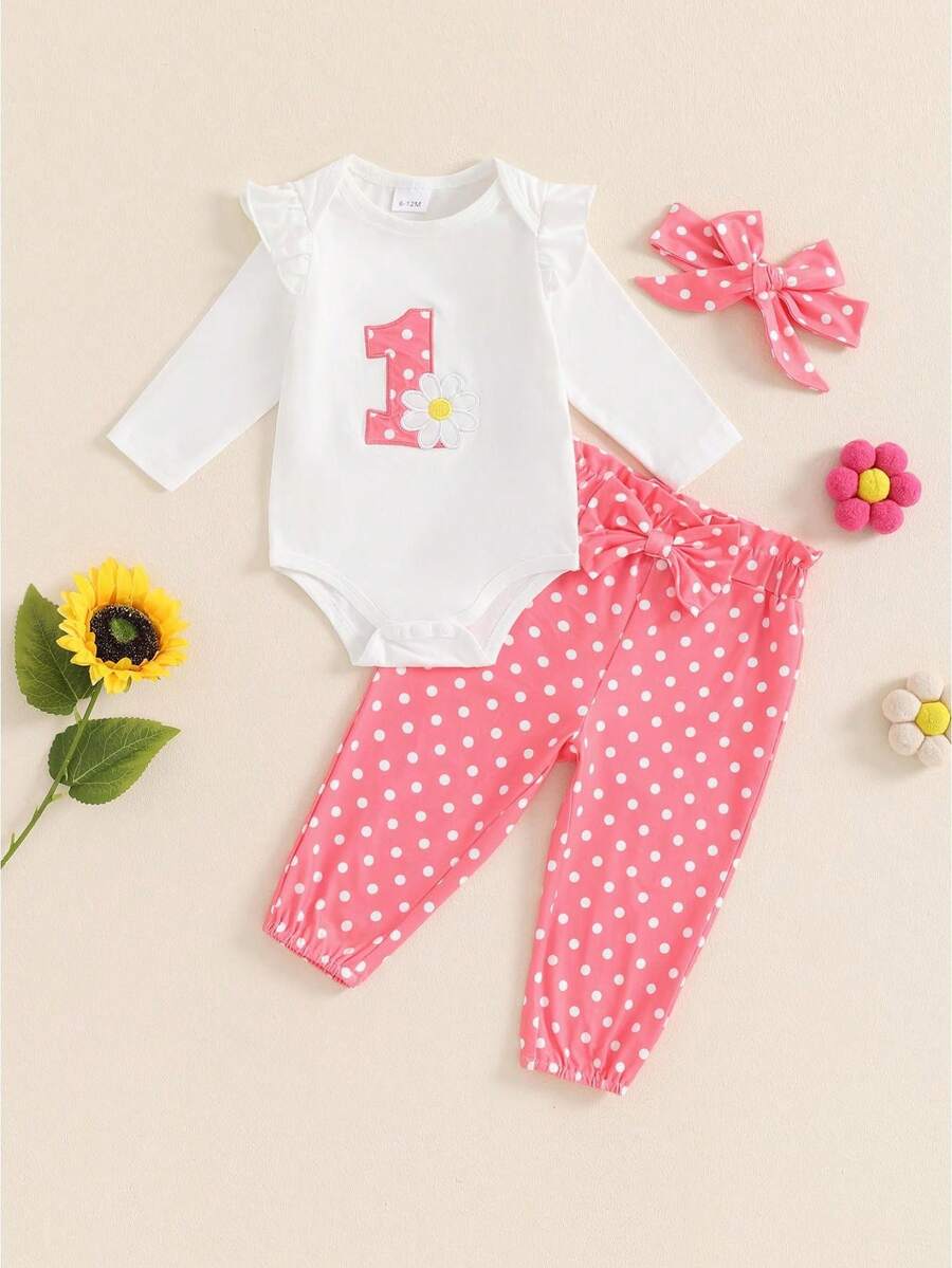 Baby Girl First Birthday Outfit 1st Flower Long Sleeve Romper Cute Bow Pants Set One Year Birthday Clothes Baby Girl First Birthday Outfit Long Sleeve Romper + Pants + Headband One Year Birthday Clothes - 粉色 - 查看 1
