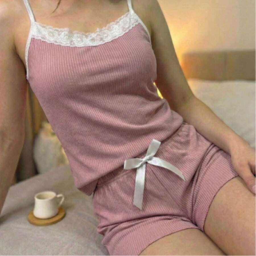 Babydoll In Baby Pink Ribbed Lace - Màu Hồng baby - Xem 1