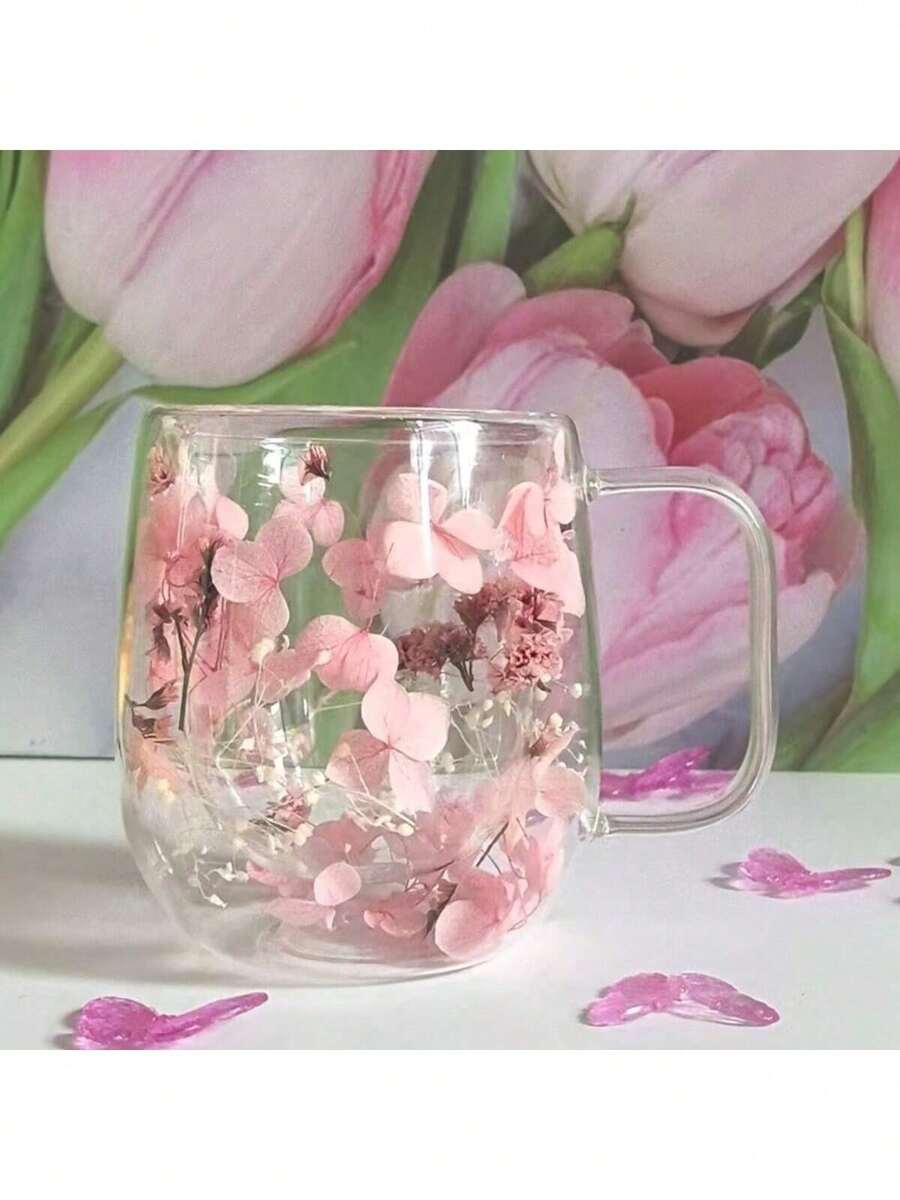 1个/2个双层玻璃杯，饰以逼真的花草图案，可重复使用，适用于牛奶、冷热饮、咖啡、抹茶、卡布奇诺等。透明玻璃杯，仅限手洗。情人节和生日的独特礼物。 - 彩色 - 查看 1