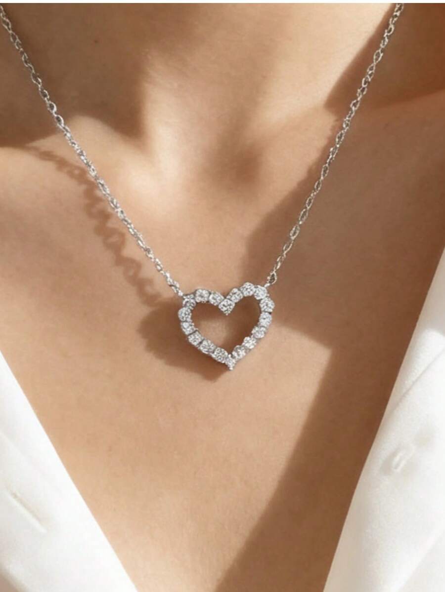 1pc Rhinestone Hollow Heart Pendant Necklace, Valentine's Day - Silver - View 1