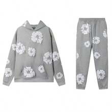 Denim T Gothic Peony Print Sweatsuit Set 2025, Hip Hop Streetwear Oversized Hoodie & Joggers, Y2K Retro Graphic Lounge Set, Unisex Autumn Winter Daily Wear  Spring/Fall  Summer    Loose    Pocket  Drawstring    Halloween  Christmas - Xám - Xem 1