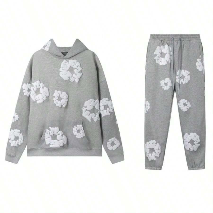 Denim T Gothic Peony Print Sweatsuit Set 2025, Hip Hop Streetwear Oversized Hoodie & Joggers, Y2K Retro Graphic Lounge Set, Unisex Autumn Winter Daily Wear Spring/Fall Summer Loose Pocket Drawstring Halloween Christmas - Xám - Xem 1