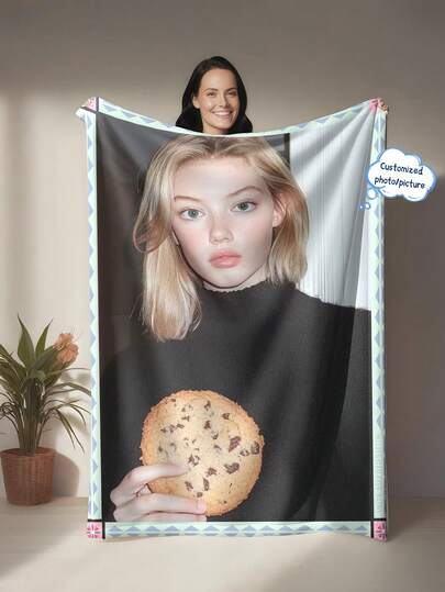 1pc Customized Photo Flannel Blanket - Blue Diamond Border Minimalist Print, Soft Hypoallergenic All Season Washable - Upload Your Photo - Ideal Gift For Birthday, Anniversary, Travel, Office Use - Personalized Cozy Throw