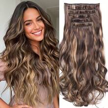 22英寸夹式接发，6片装，长款波浪卷黑色合成接发，自然柔软隐形夹式加厚假发片，适合女性日常佩戴。 - 彩色 - 查看 2