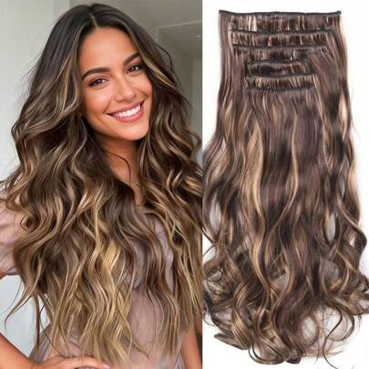 22 Zoll Clip-In Haarverlängerungen 6 Stück lange wellige synthetische schwarze Haarverlängerung & natürlich weiche unsichtbare Clip dicke Haarverlängerungen für Frauen für den täglichen Gebrauch