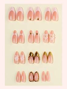 24 móng giả acrylic bóng kiểu Pháp, hình dáng hạnh nhân cỡ trung bình, trang trí hoa 3D đính đá vàng, phong cách Y2K thời trang, phù hợp cho phụ nữ và bé gái sử dụng hàng ngày. - Nhiều màu - Xem 2