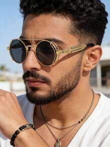 一副男士圆形金属时尚眼镜，蒸汽朋克未来主义科幻风格，适合音乐节和日常佩戴。 - 圓形 - 查看 6