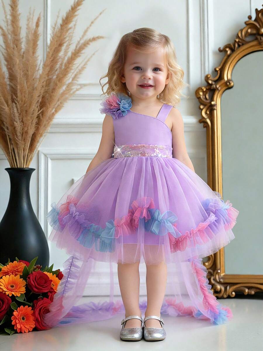 女婴亮片网纱蝴蝶结不对称露肩拖地公主裙，适合派对、婚礼、生日等场合，不含头饰 - 淡紫色 - 查看 1