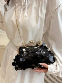 春秋新款亮片云朵扣贝壳包，简约女士链条肩带扣包 - 黑色 - 查看 4