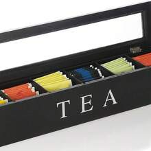 Organizador de Bolsitas de Té de Madera con Tapa de Vidrio, Caja de Almacenamiento de 6 Compartimentos para Té y Sobres de Azúcar, para Cajón o Encimera - Negro - Ver 4