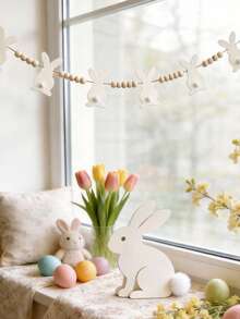 1pc White Easter Bunny Garland, Beaded Rabbit Bunting, Spring Farmhouse Home Decor, Rustic Easter Wall Hanging Banner, Festive Holiday Mantel Decor, Lightweight Farmhouse Party Garland, Living Room Fireplace Doorway Decor, Bohemian Rustic Easter Decor, Seasonal Spring Event Garland, Neutral Tone Rabbit Beaded Banner - Multicolor - View 8