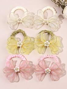 6pcs Tulle Pearl Hair Ties, Beige Pink Gold Hair Bands, Flower Elastic Hairbands, Cute Hair Accessories For Girls Gifts Valentine's Day Spring Summer - Multicolor - View 8