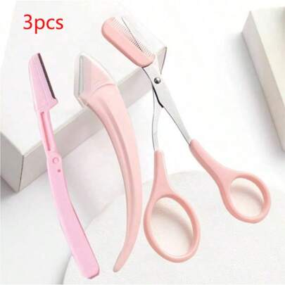 2/3pcs Eyebrow Grooming Kit, Includes Angled Eyebrow Razor, Eyebrow Scissors And Brush, Suitable For Beginners, Unisex Hair Removal Accessories