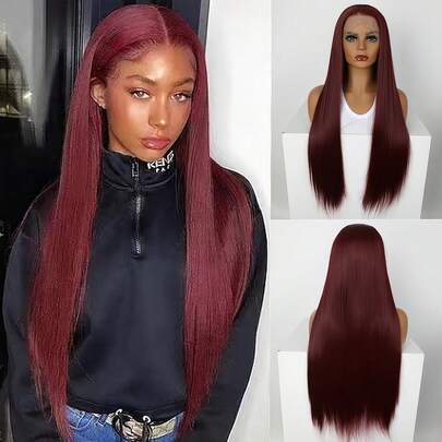 NATAN 优雅酒红色蕾丝前假发，女士款 - 自然外观，耐热合成纤维，长直发造型，13x4 蕾丝区域，完美搭配休闲装和派对装扮，合成蕾丝前假发