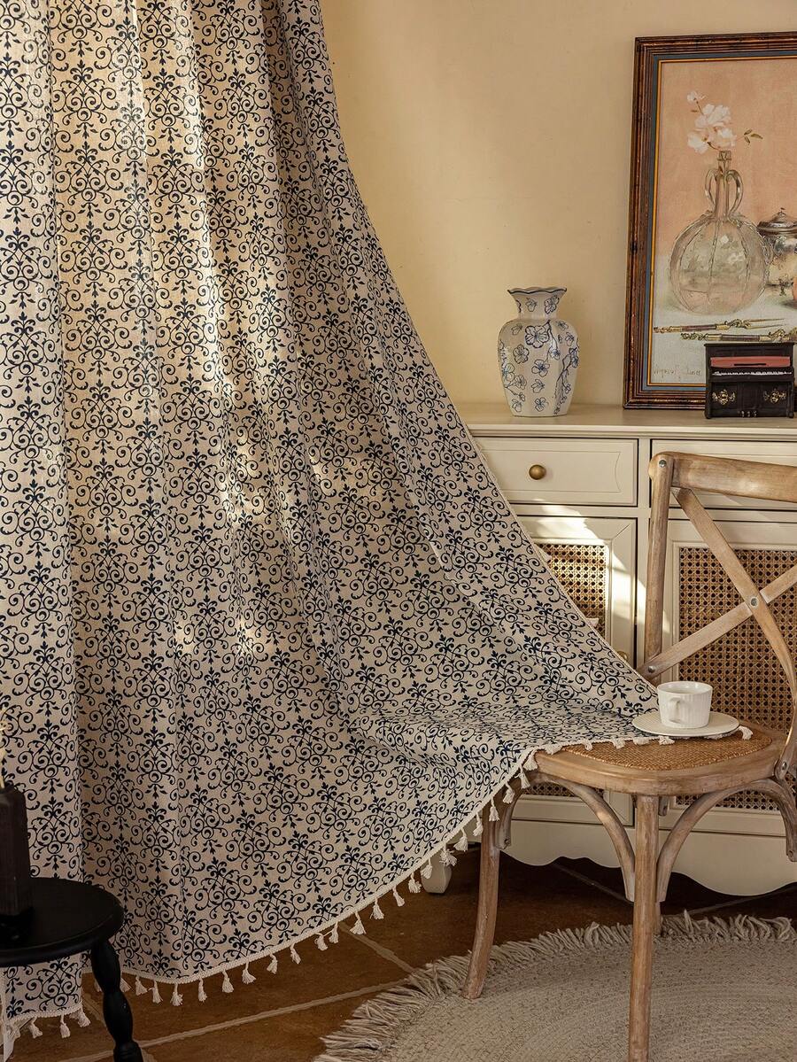 1 chiếc rèm cửa hoa mùa xuân/hè, phong cách Bohemian với tua rua trang trí, rèm cửa sổ voan mỏng, thích hợp cho phòng ngủ, phòng khách, phòng ăn, nhà nông thôn, trang trí phòng, tiệc lễ hội & tiệc theo chủ đề, mọi mùa - Xanh và trắng - Xem 1
