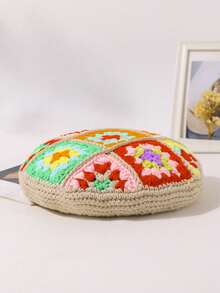 LEAJOURNO. 1pc Women's New Bohemian Style Knitted Crochet Beret Hat, Fashion Versatile Cute Artist Cap, Thick Warm Essential For Autumn/Winter - Khaki - View 3