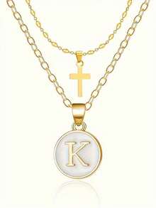 18K Golden Plated Stainless Steel Initial Letter & Cross Pendant Necklaces 2 Packs Set, Elegant Layered Script Letters, Daily & Vacation Wear, Thanksgiving Gift, All Seasons - No Mosaic Material - Gold - View 3