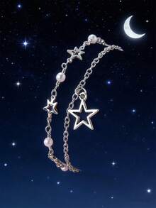 1条多层金属星星、太阳、月亮手工链条珍珠手链，适合女士日常佩戴 - 鏤空鋯石星星銀色 - 查看 1