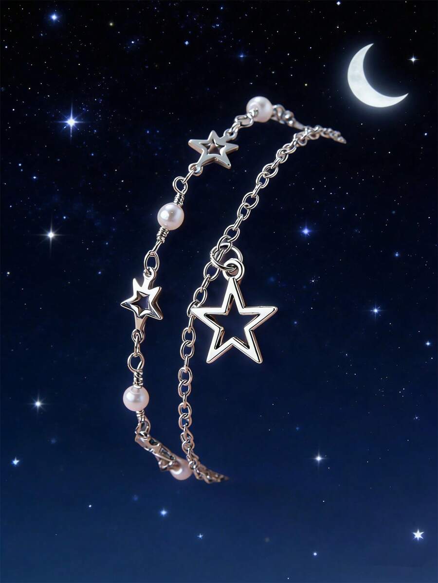 1条多层金属星星、太阳、月亮手工链条珍珠手链，适合女士日常佩戴 - 鏤空鋯石星星銀色 - 查看 1