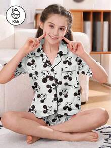 Disney 少女米奇系列卡通印花两件套睡衣，可爱休闲百搭短袖弹力腰短裤套装，丝滑柔软透气面料，适合四季居家穿着。 - 灰色 - 查看 5