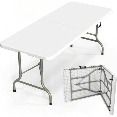 Folding Table 6ft, Portable Collapsible Plastic White Long Tables For Party, Camping, Banquet, Craft, Dining, Wedding, Outdoor And Indoor Use