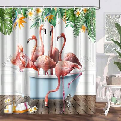 1件装甜美火烈鸟图案浴帘，植物动物印花浴帘，非常适合浴室装饰、通用房间装饰、家居装饰套装、浴室配件浴缸帘
