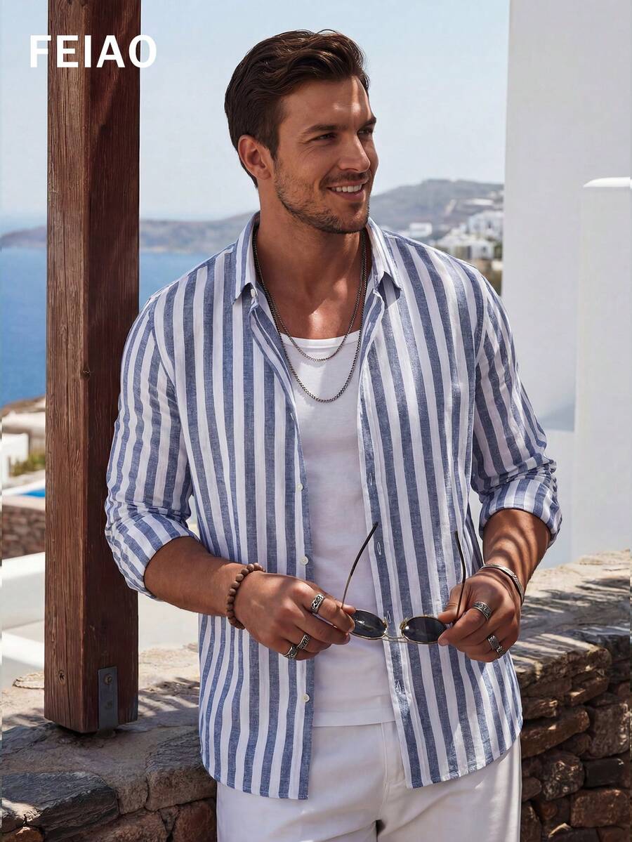 FEIAO Men's Vintage Banknote Striped Casual Long Sleeve Shirt, Versatile Style For All Seasons - Blue and White - View 1