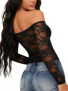 Women's Elegant Casual Commute Vintage Cute Y2K Sexy Vintage Patchwork Knit Fabric Cup Detail Sheer Stretchy Fitted Soft Comfortable Vacation Beach Night Out Date Holiday School Birthday Party Date Back To School Party Daily Home Single Party Travel Stage And Concert Tea Party Country Music Festival Spring Summer Autumn Winter Off-Shoulder Top - Black - View 8