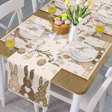 1 pieza Elegante Camino de Mesa de Pascua con Conejo y Huevos, Estilo Granja con Conejo Marrón y Huevos Coloridos, Decoración de Mesa de Comedor para Primavera y Fiestas en el Hogar, Disponible en Múltiples Tamaños - Marrón - Ver 8