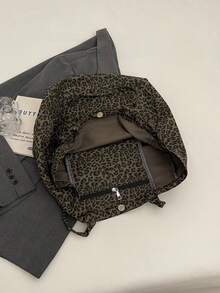 New Fashionable High-Capacity High-End Sense Korean Style Casual Minimalist Lightweight Versatile Canvas Backpack, Retro Casual Style, Leopard Print, Student Backpack, Campus Tote Bag, Fashionable Leopard Print High-Capacity Shoulder Bag - Black - View 6