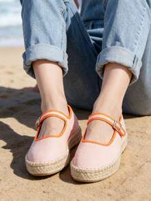 Women's Mary Jane Espadrilles Closed Square Toe Woven Platform Canvas Ballet Flats Shoes - Hồng - Xem 1