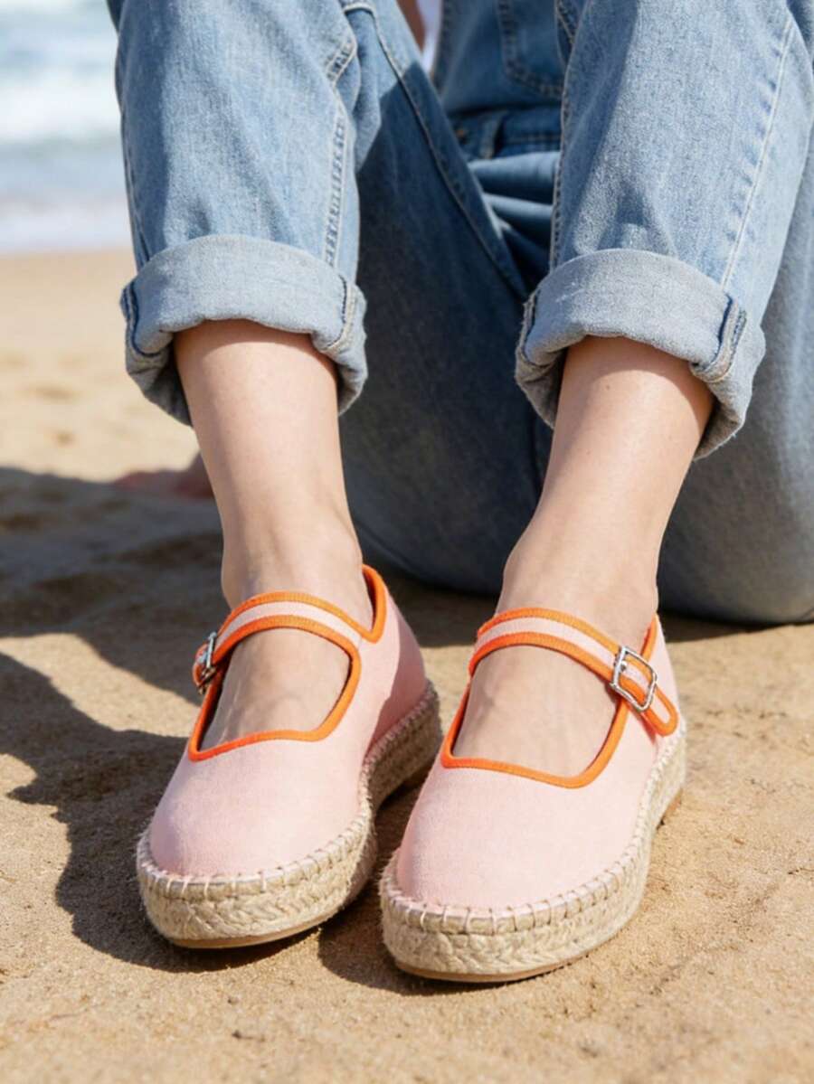 Women's Mary Jane Espadrilles Closed Square Toe Woven Platform Canvas Ballet Flats Shoes - Hồng - Xem 1