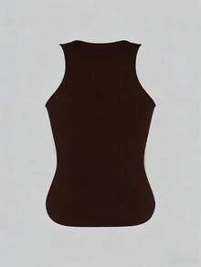 XLLAIS 女士纯色休闲百搭双层瑜伽高弹性感U领无袖黑色背心，夏季服装 - 深咖色 - 查看 7