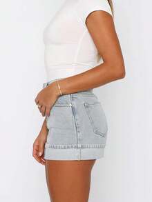 Women Mini Denim Skirt Mid Rise Folded Hem Short Bodycon Jean Skirts Stylish Summer Streetwear - Baby Blue - View 3
