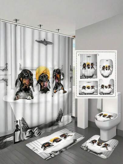 1/4件套趣味浴帘套装 - 腊肠犬图案浴帘，带挂钩，浴室帘，可机洗涤纶材质，宠物爱好者的理想之选，家居酒店装饰的完美之选，U型浴室垫和圆形马桶盖套，全场景适用，可爱狗狗设计，送给养狗人士的完美礼物，动物主题，安装简便
