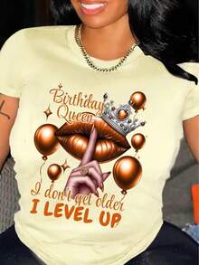Queen's Birthday Queen Pattern T-Shirt, 100%Cotton, Casual Round-Neck T-Shirt With Balloon And Lip Print, Regular Length, Knitted Fabric, Suitable For All Seasons, Allseason Top| Humorous Design | Medium Elasticity - 杏桃棕色 - 查看 1