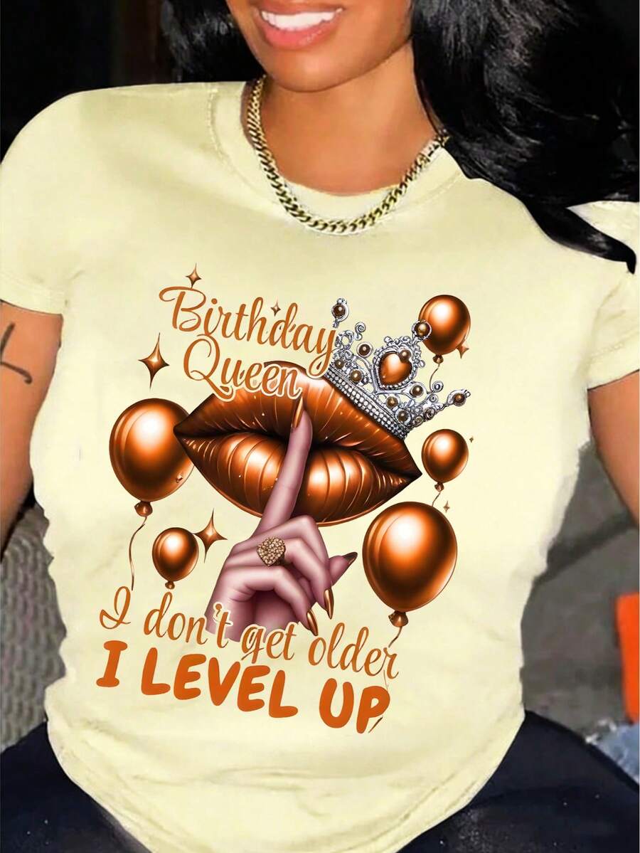 Queen's Birthday Queen Pattern T-Shirt, 100%Cotton, Casual Round-Neck T-Shirt With Balloon And Lip Print, Regular Length, Knitted Fabric, Suitable For All Seasons, Allseason Top| Humorous Design | Medium Elasticity - 杏桃棕色 - 查看 1