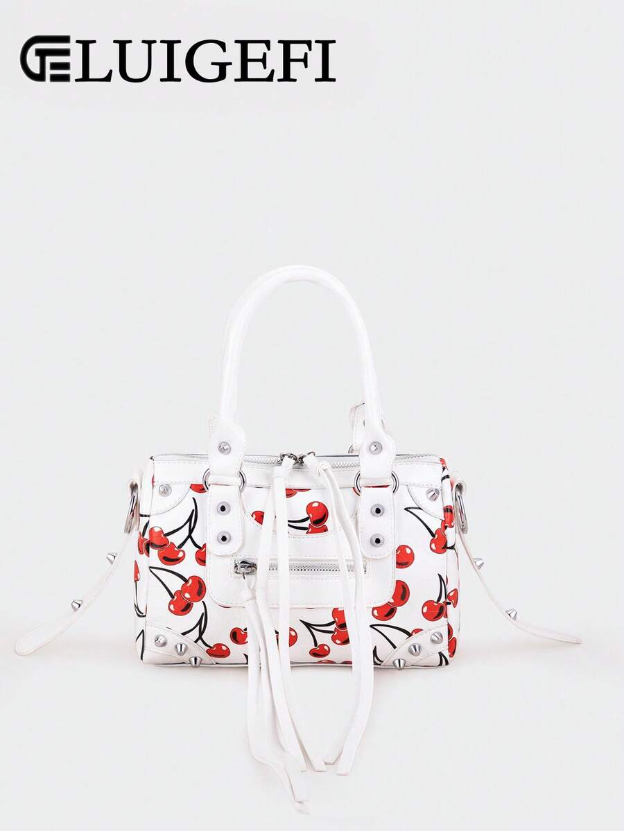 1个复古PU摩托车包，樱花印花，铆钉装饰，金属流苏，可调节肩带，拉链封口，Y2K朋克风格方形手提包，适合日常使用、购物，可装手机、卡包 - 白色 - 查看 1