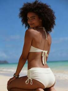 Womens Bikini Swimsuits Solid Color Halter Bra Tops With Side Drawstring Thong 2 Pcs Set Stylish Bikini Bathing Suit - White - View 5