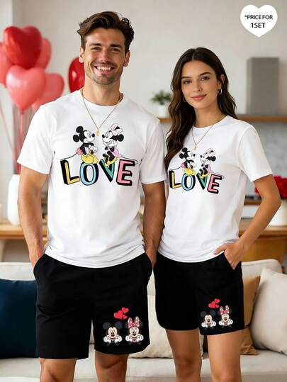 Disney 2pcs Mickey Mouse Print Men's Casual Loungewear Set, Crew Neck Top And Shorts, Suitable For Spring/Summer
