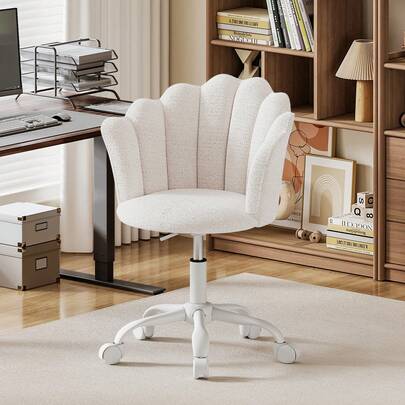 Office Chair, Adjustable Height Swivel Chair, Chenille Vanity Chair, Comfy Padded Computer Desk Chair For Home Office, Study, Bedroom, White