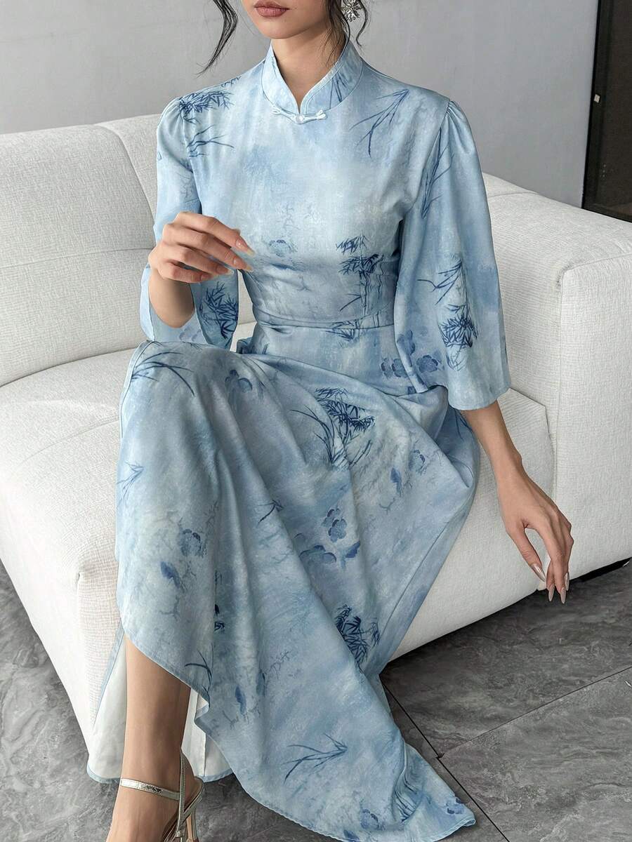 Spring & Autumn New Women's Improved Cheongsam With Wide Flare Sleeves, Loose Sleeves, Half Sleeve, Green Ditsy Floral, Long Slit Maxi Cheongsam Dress, Middle Eastern Arabic Ladies Dress, Festival Dress - Baby Blue - View 1
