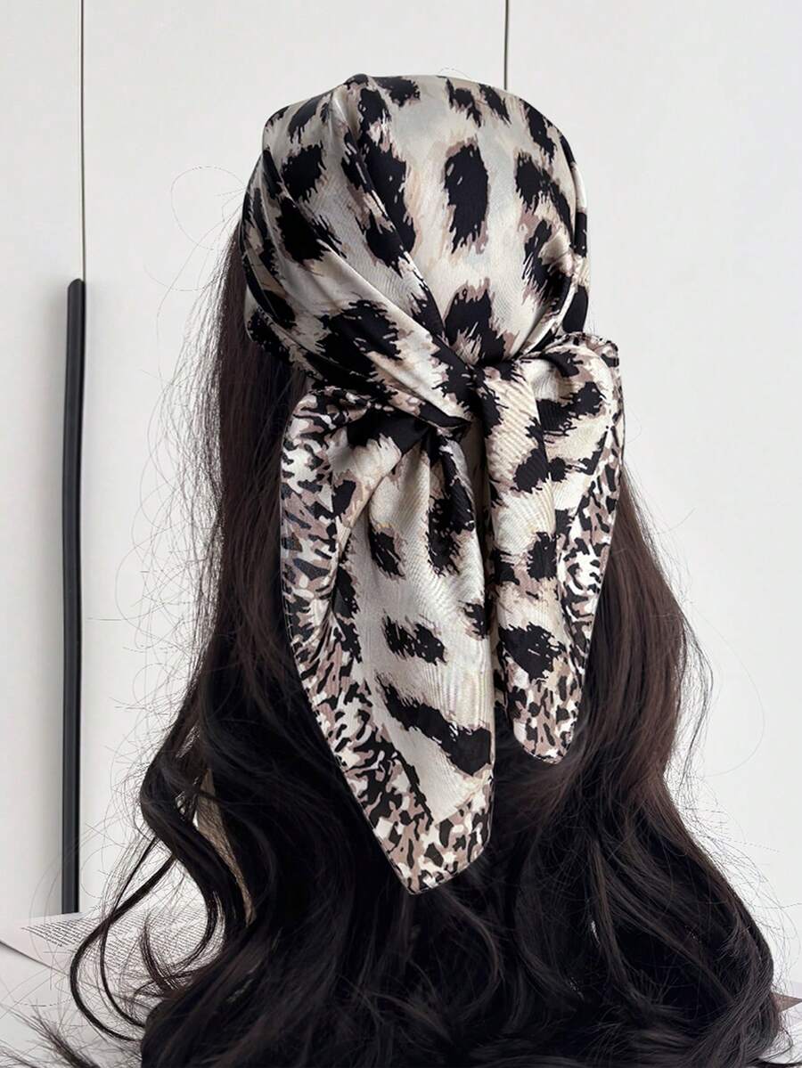 1 pieza Pañuelo cuadrado de 65*65cm de estilo europeo y americano con estampado de leopardo de seda sintética, adecuado para hombres y mujeres, para primavera/verano, uso versátil para salidas, ciclismo, deportes, fiestas, baile callejero, citas, fotografía, transmisión en vivo, vacaciones y regalos - Caqui - Ver 1